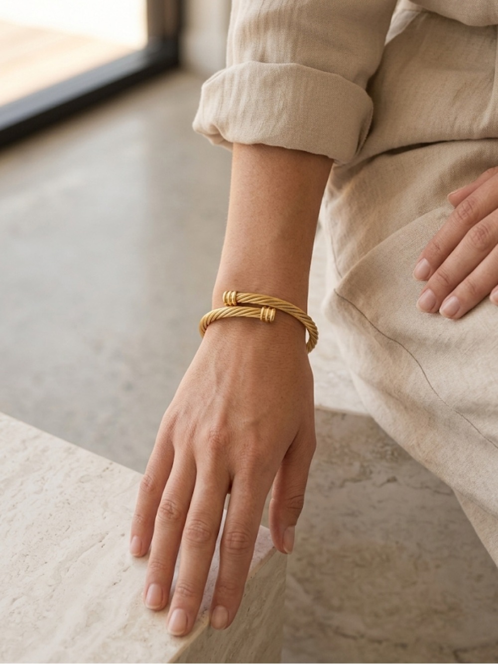 Gold Cable Cuff Bracelet Waterproof Stainless Steel Open Cuff